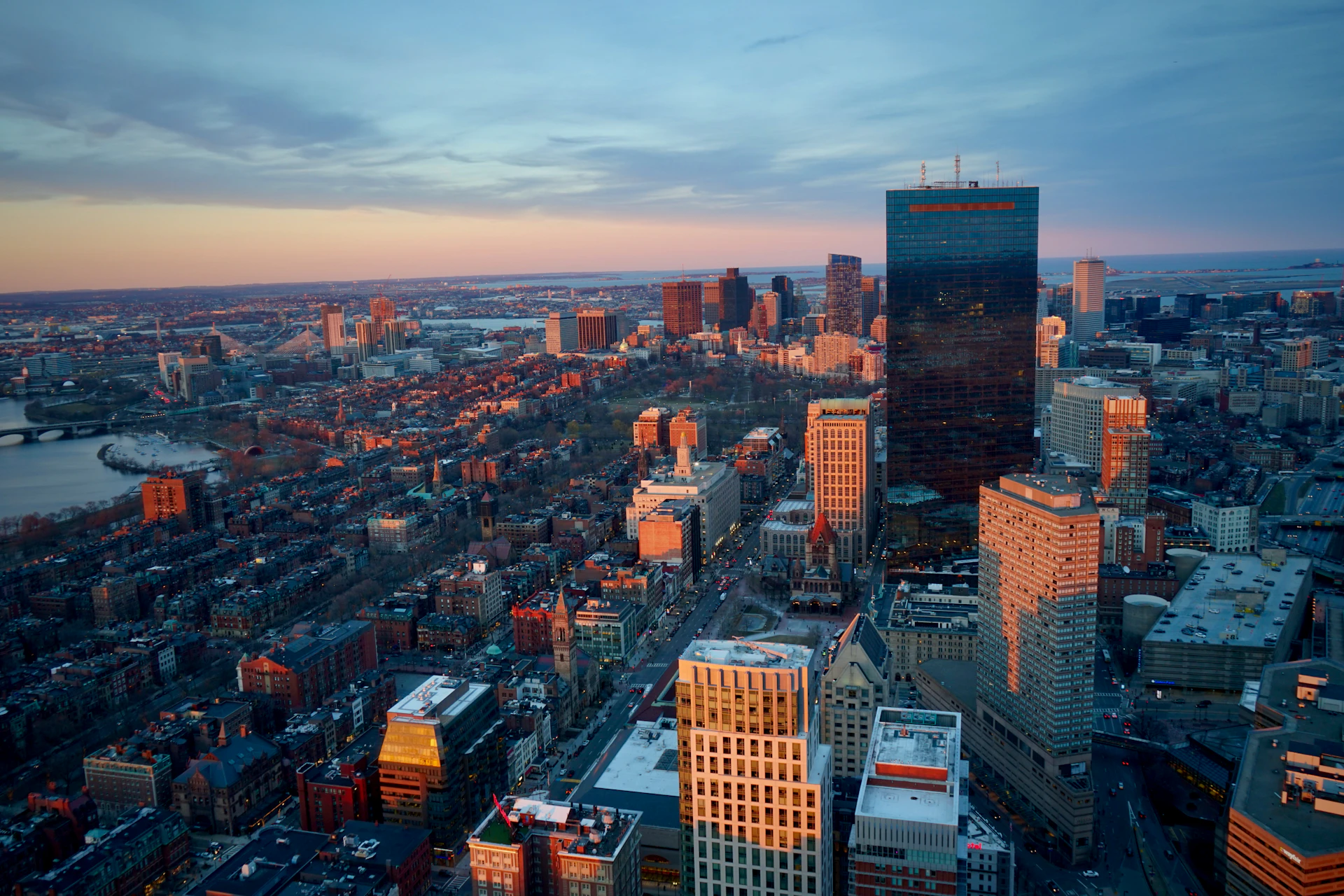Aerial view of Boston at sunset