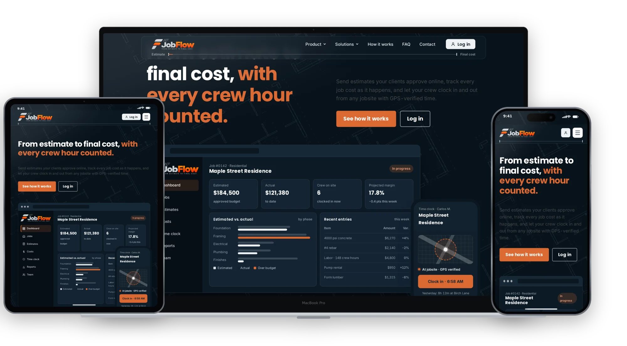 JobFlow on a MacBook, an iPad and an iPhone, showing a job's estimated versus actual cost